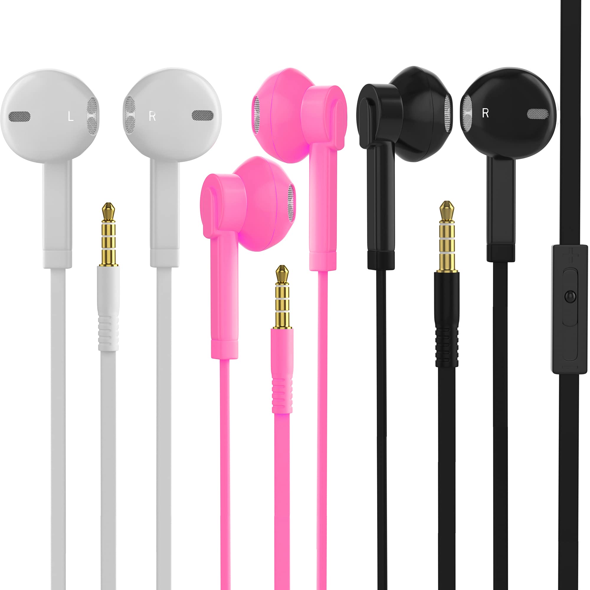 V-8 Earbuds Earphones Wired in-Ear Headphones with Tangle-Free Cord, Noise Isolating, Bass Driven Sound, Ear Bud Tips, 3.5mm, 3 Pack, Black, Pink,