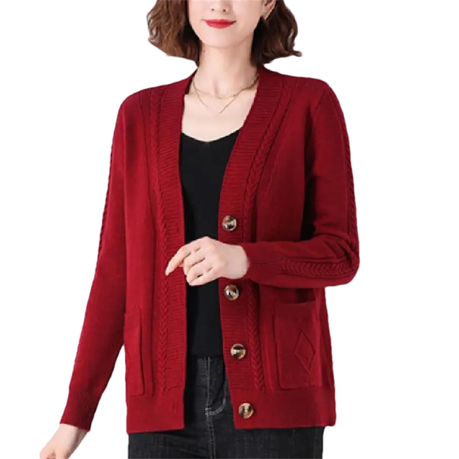 Chaqueta Cárdigan Retro para Mujer, Suéter Holgado De Manga Larga con Cuello En V Y Botones De Punto De Color Sólido Versátil, Otoño E Invierno