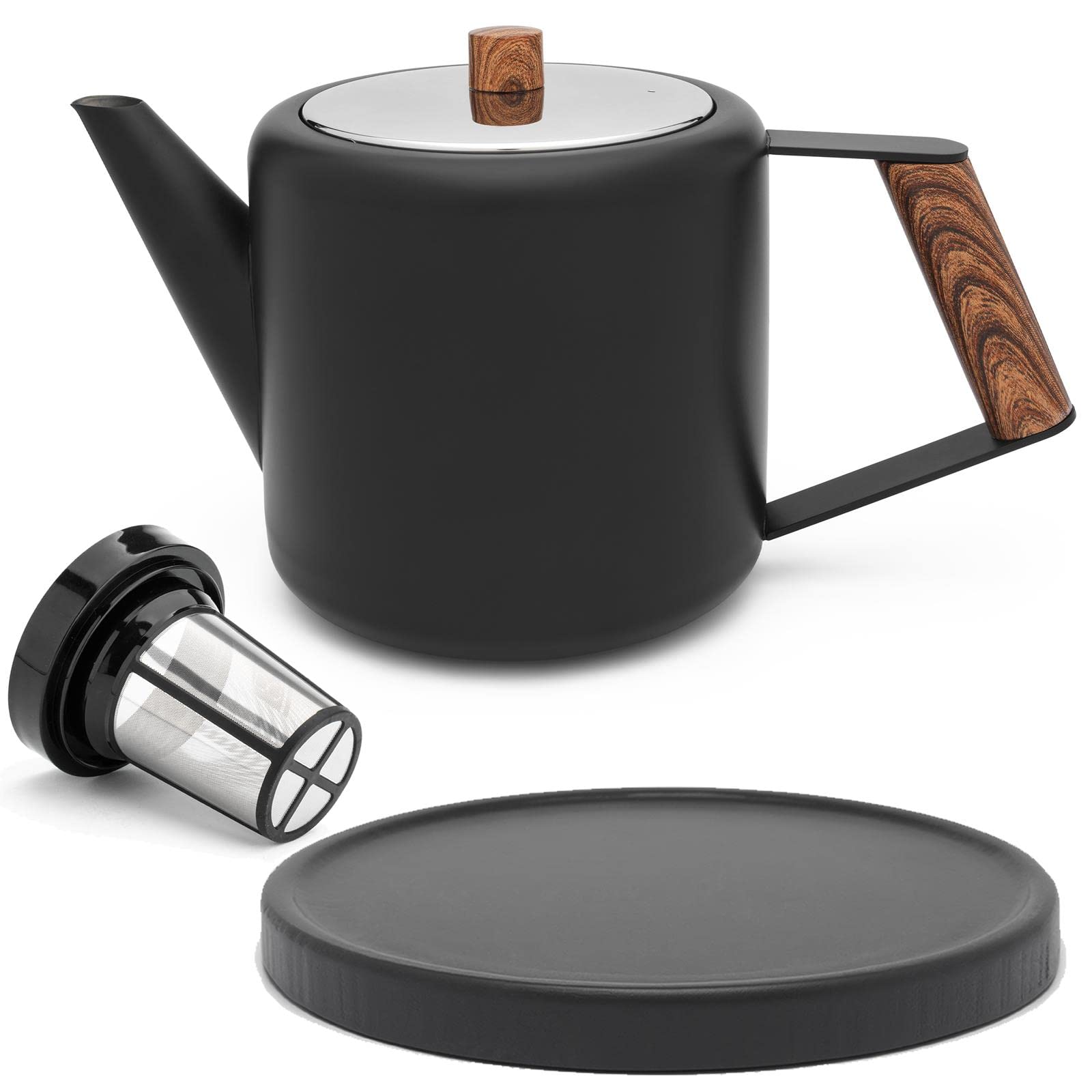 Bredemeijer Teekanne Set 1.1 Liter - Edelstahl doppelwandig Schwarz - Großer moderner Teebereiter mit Tee-Filter-Sieb-Aufsatz für losen Tee - inkl. Holz-Untersetzer schwarz