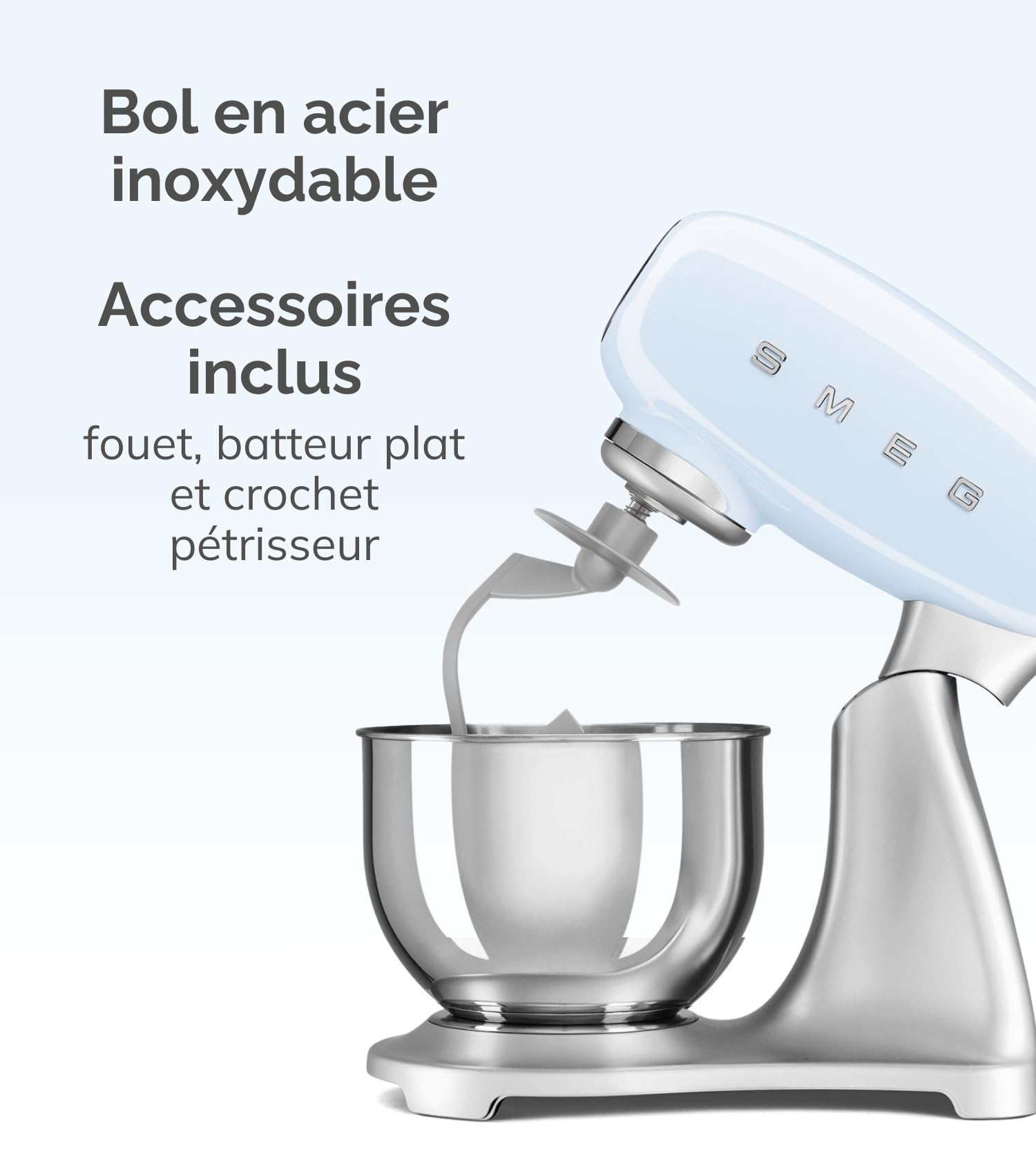 Smeg, Robot Pâtissier SMF02BLEU, 10 Niveaux de Vitesse, Fonction Mise en Marche Progressive, Bol 4,8 L, Verrouillage Moteur de Sécurité, Batteur Plat, Crochet et Couvercle Fournis, 800W, Noir