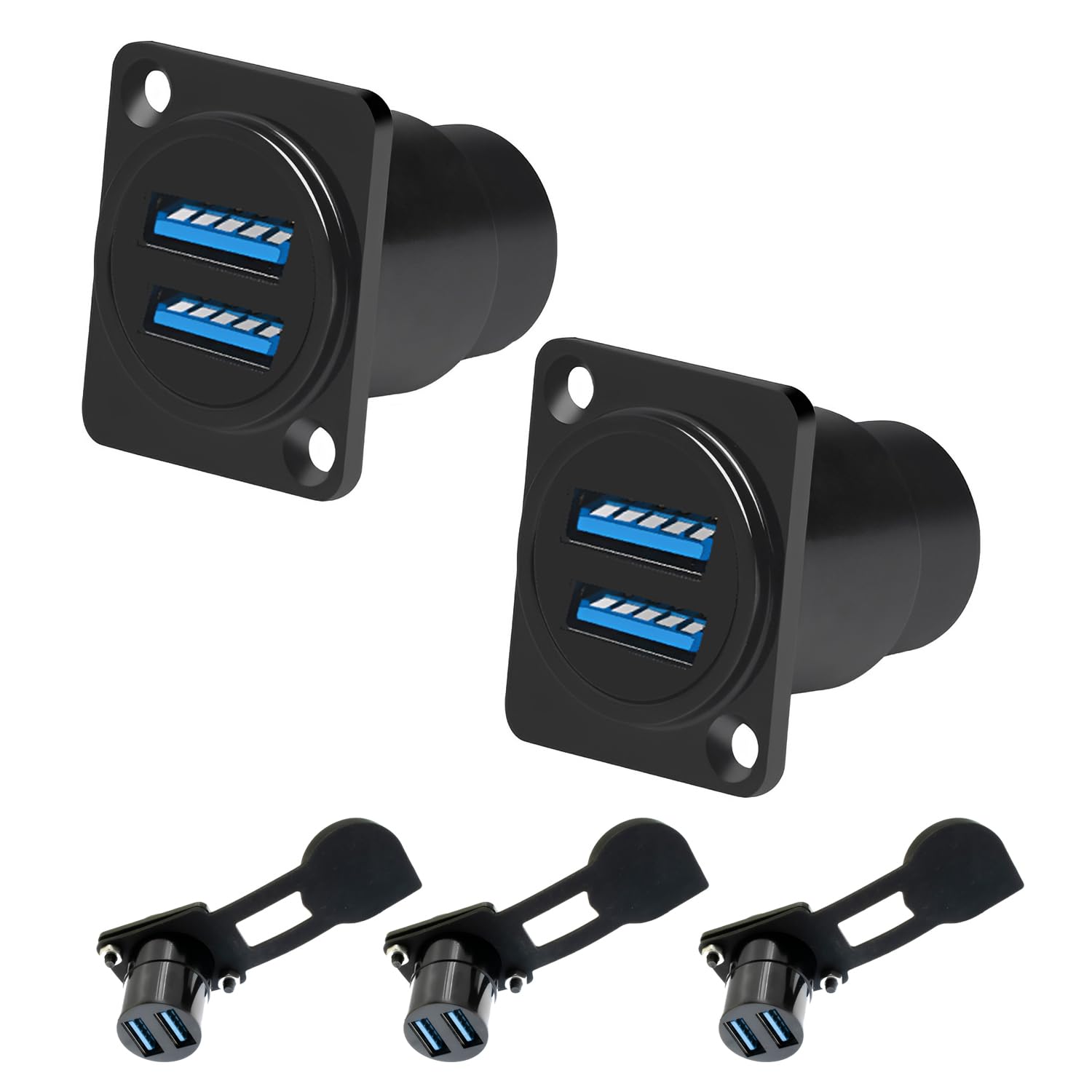 Dual USB 3.0 Panel Mount Adapter - D-Type Female to Female with Waterproof Cover, 5Gbps High-Speed Data Transfer, for External Hard Disks, File