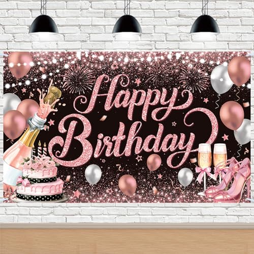 SMENGGIL Rose Gold Happy Birthday Banner Backdrop Photography Background Hanging Birthday Party Decorations Supplies for Women Girls Balloons High Heels Champagne Themed Decor 70.8 * 43.3in