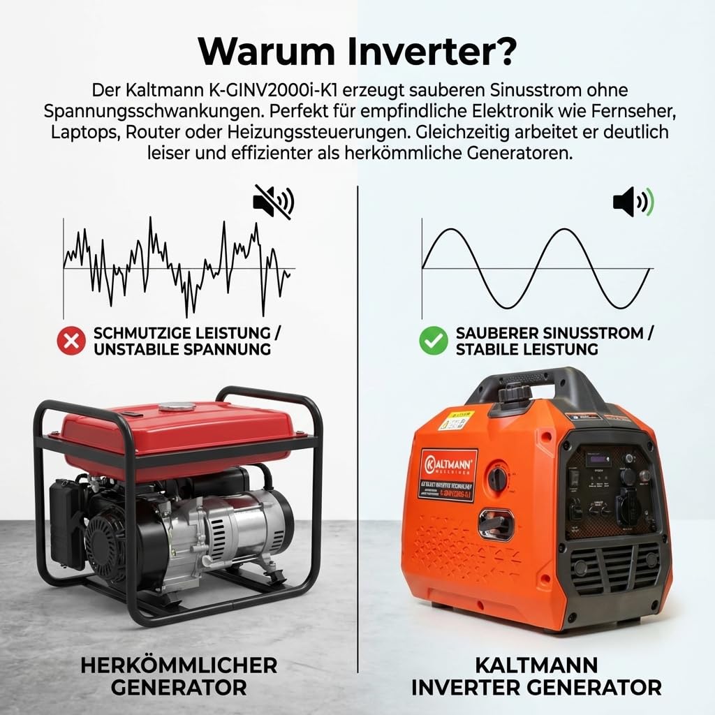 Leiser Inverter Stromgenerator 2000W - tragbares Benzin Notstromaggregat mit reiner Sinuswelle, Eco-Modus, Parallelbetrieb, USB-C & 230V - ideal für Camping, Wohnmobil, Wohnwagen & Outdoor