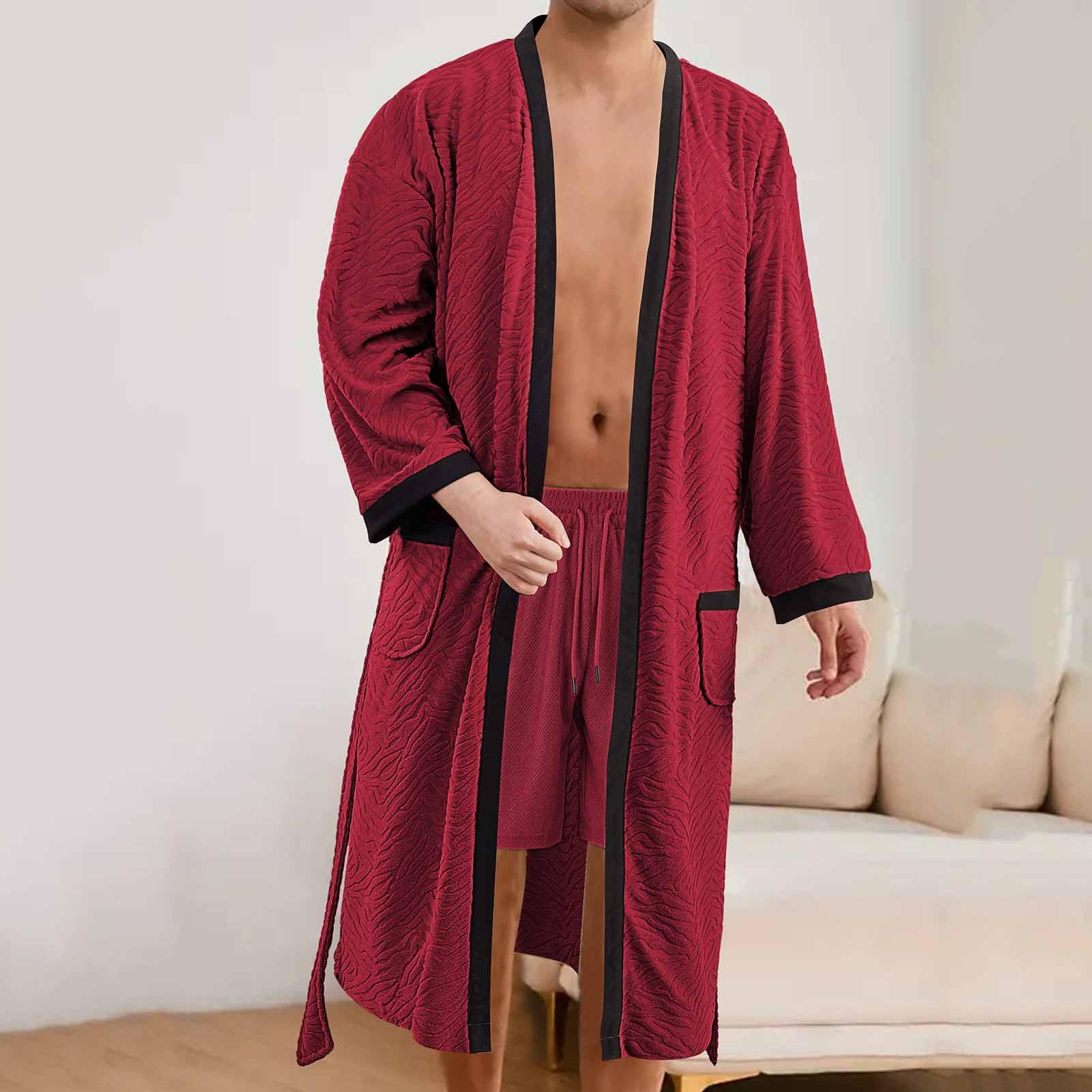 HAOLEI Albornoz Hombre de Rizo Batas Largo de Casa para Hombres Microfibra Bata Kimono Manga Larga Largos Ligero Ropa de Dormir con Cinturón y Bolsillos Suave Cómodo Albornoz Ducha Casual Pijama