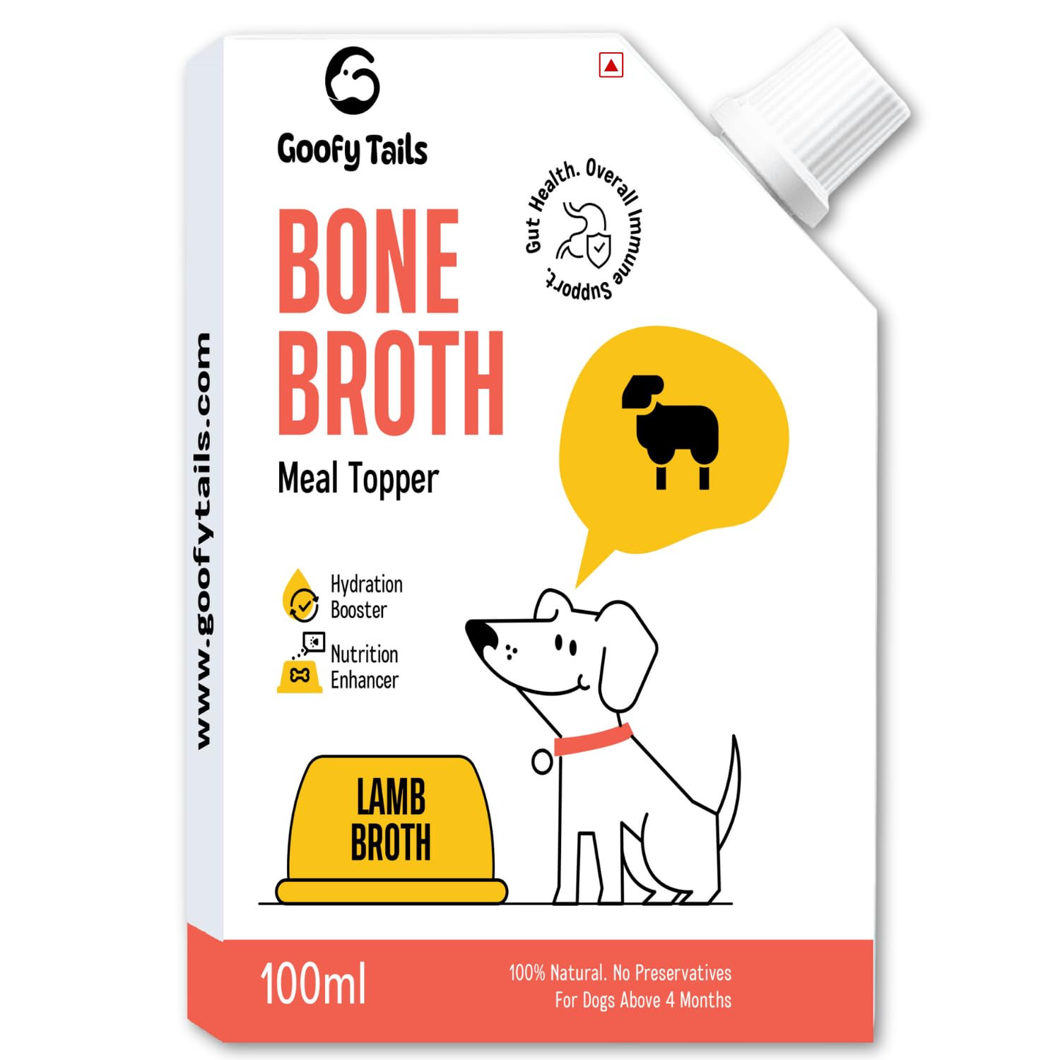 Goofy Tails Lamb Bone Broth for Dogs 100 ml (100 ml X 1 Pack), Human Grade, Preservative Free, Gut Friendly Dog Food Topper, Dog Supplements with Natural Collagen