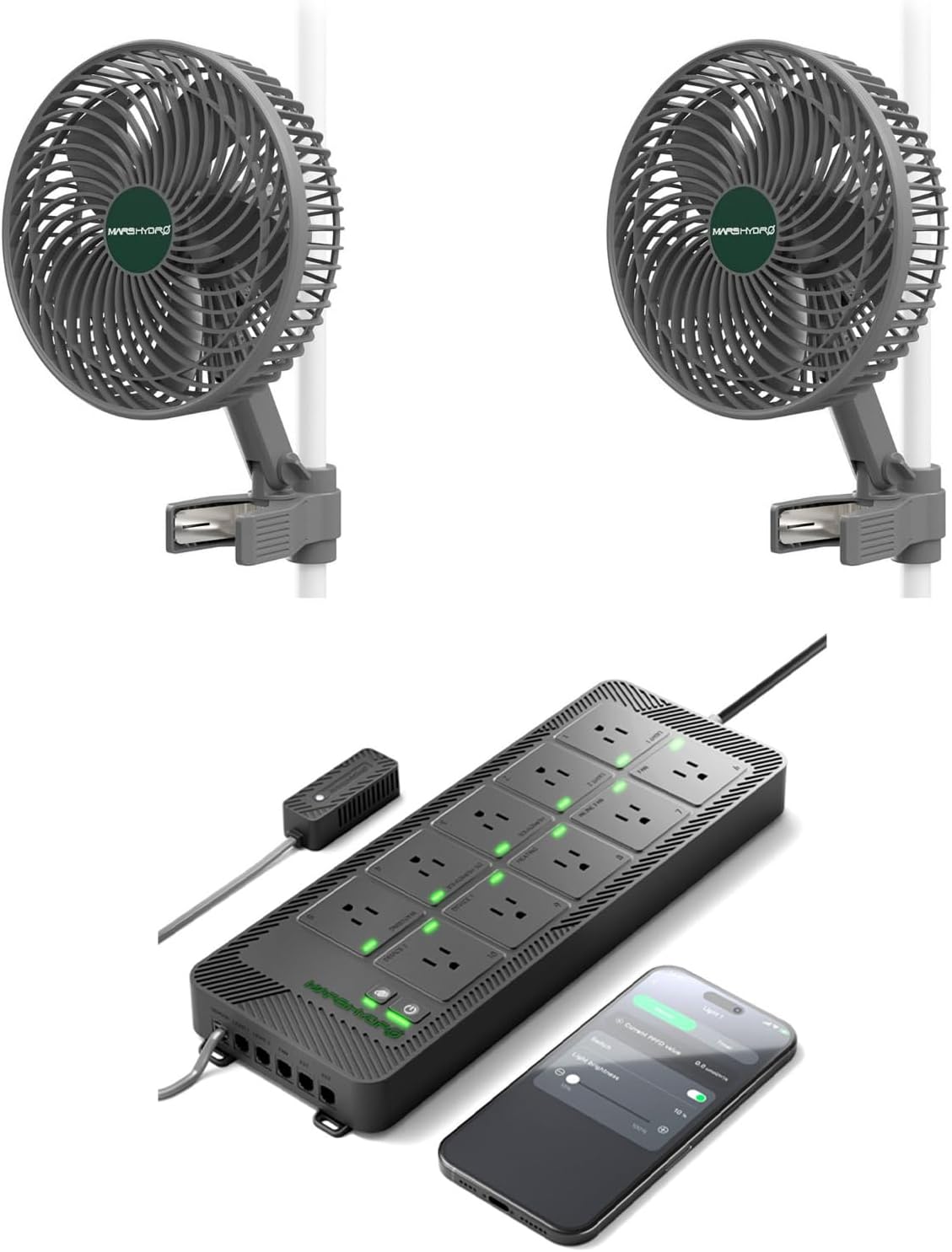 MARS HYDRO Updated 2-Pack M6 Grow Tent Fan, A powerful Oscillating Clip Fan and iHub-Pro, 10AC Power Strip Kit, 10-Outlet All-in-One Smart Grow Room Hub