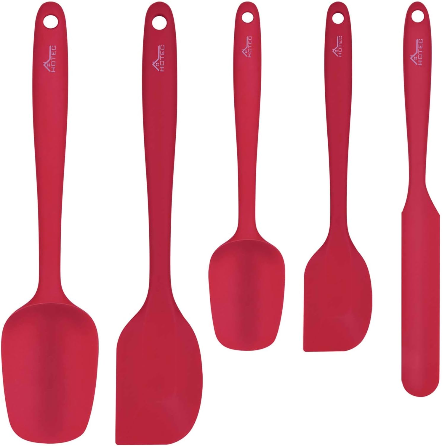 HOTEC Heat Resistant 600℉ BPA-Free Silicone Rubber Spatula Set, Kithchen Cooking Spatulas, Baking, Mixing, for Non Stick Cookware, Dishwasher Safe, Red Set of 5