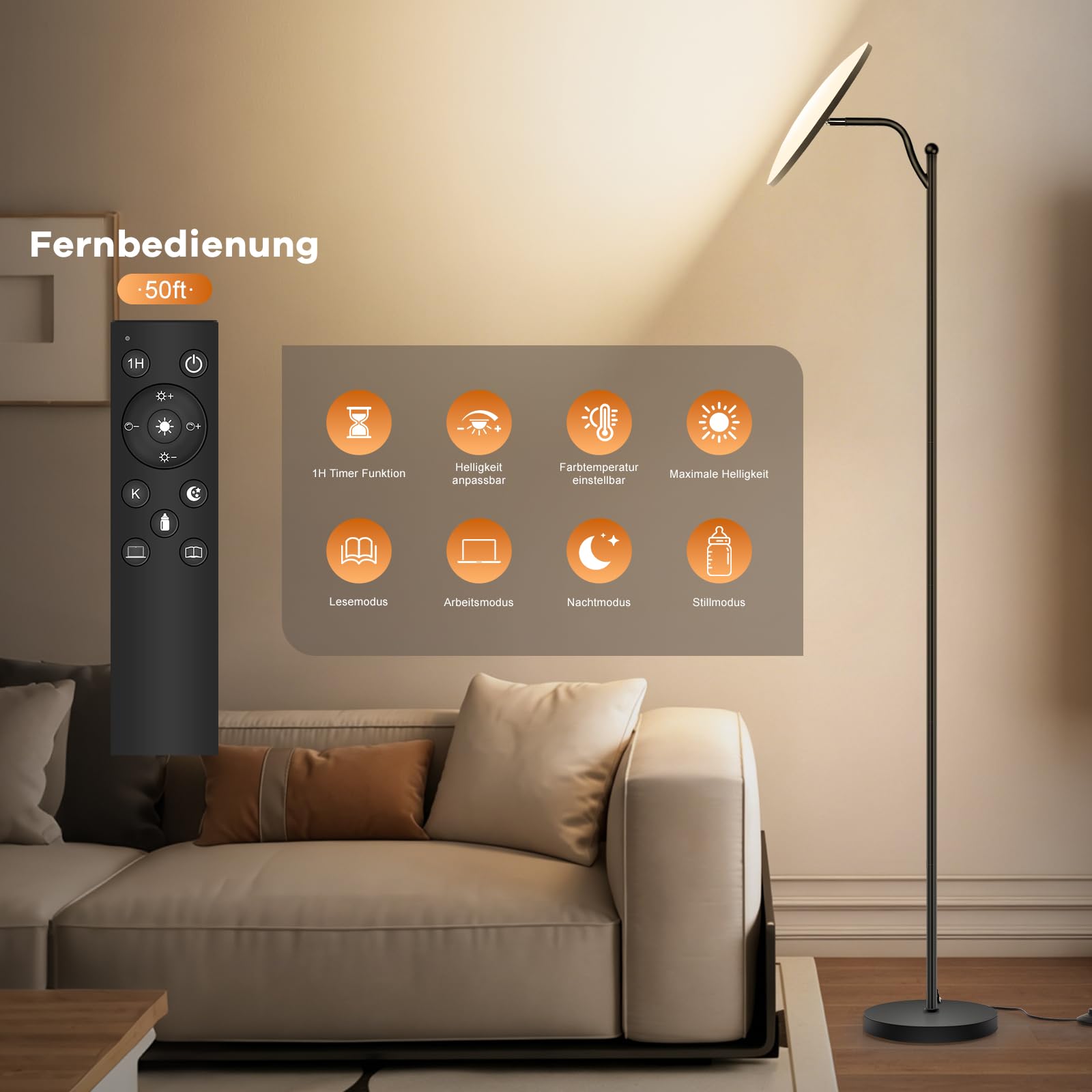 LED Stehlampe Wohnzimmer, 32W Deckenfluter LED mit Fernbedienung, 2700K-6500K Stufenloses Dimmen, Moderne Leselampe Stehleuchte für Wohnzimmer Schlafzimmer Büro, Schwarz, Energieeffiziente