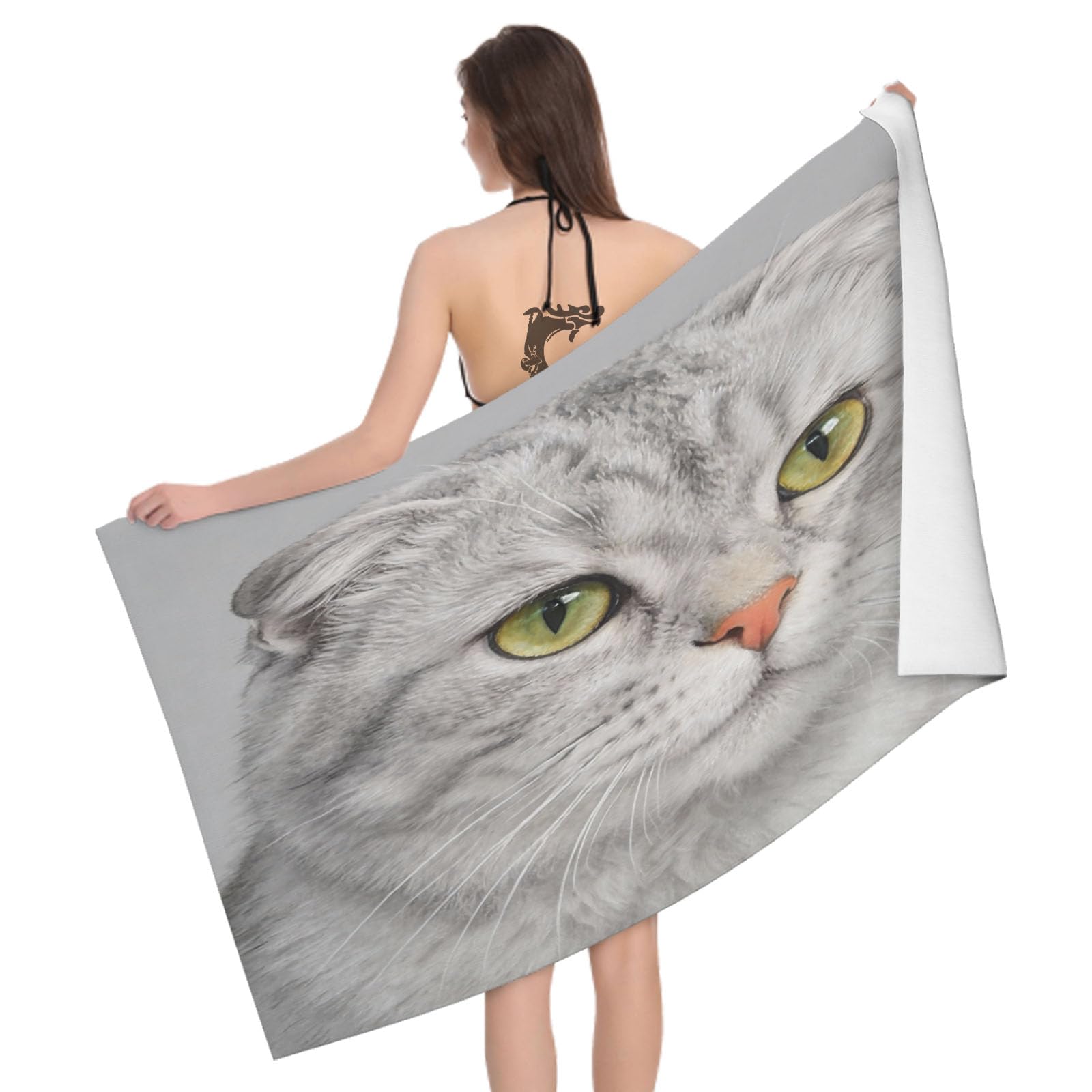 Leichong 3D Scottish Fold Beach Towel Microfiber Soft Quick Dry for Adults, Gray Cat Bath Towel Lightweight Soft Absorbent for Travel Swimming Pool Sports, 75 x 150 cm
