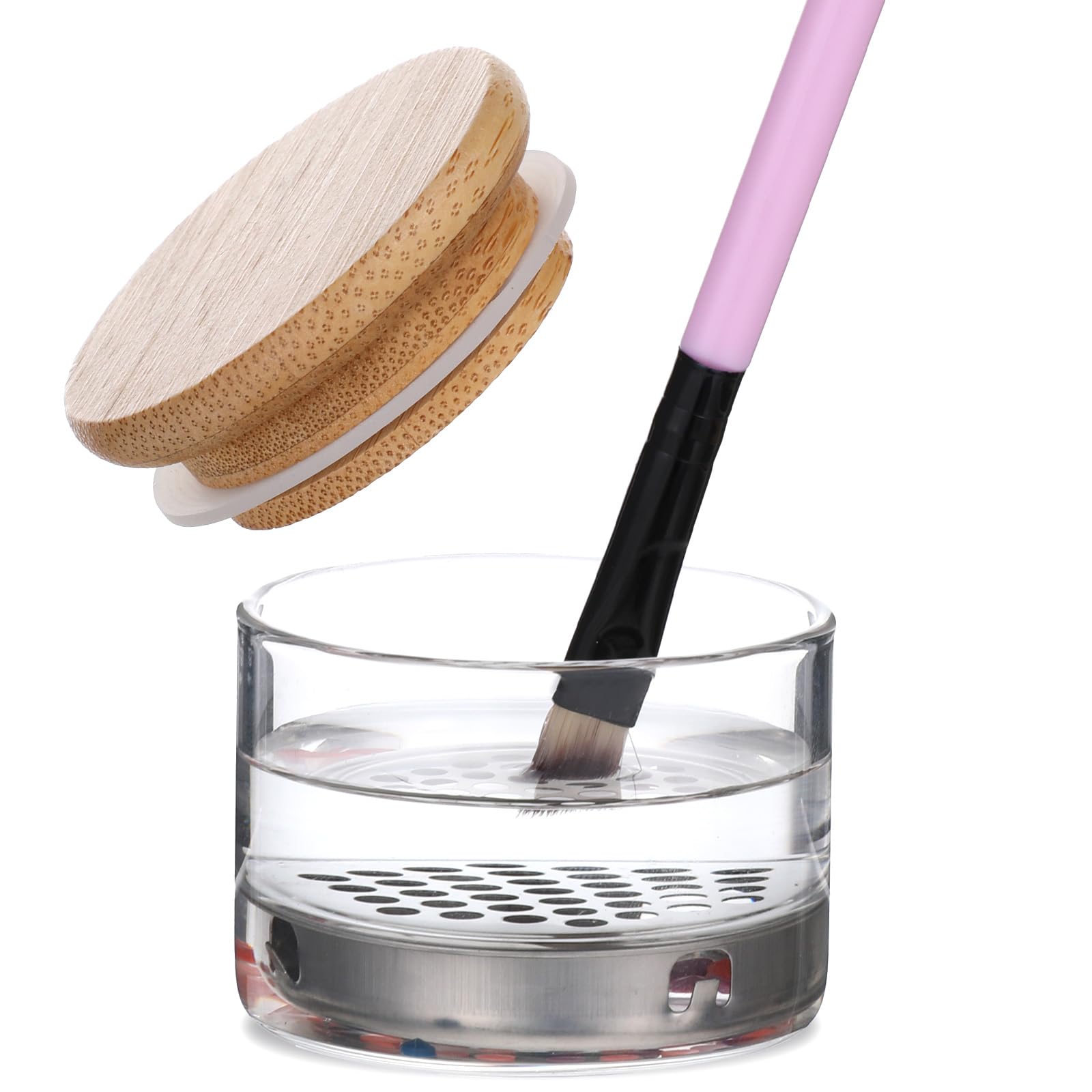 Nail Brushes Washing Cup, Acrylic Liquid Powder Glass Dappen Dish Glass Cup, Mesh Acrylic Liquid Powder Removal Dappen Dish with Lid & Mesh Layered Brushes Washer