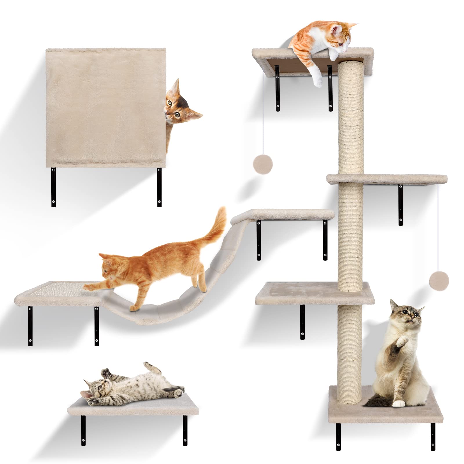 Zvonema Juego de pared de escalada para gatos de 10 piezas, puente colgante grande, estantería de pared de descanso y juegos con bola de pista, muebles para gatos para interiores de hasta 10 kg