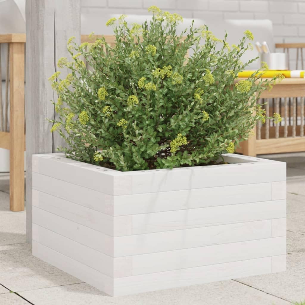 Pflanzkübel Weiß aus massivem Kiefernholz 40x40x23 cm Blumenkasten für Garten Balkon Hochbeet mit offenem Boden zur optimalen Entwässerung und Pflanzenpflege