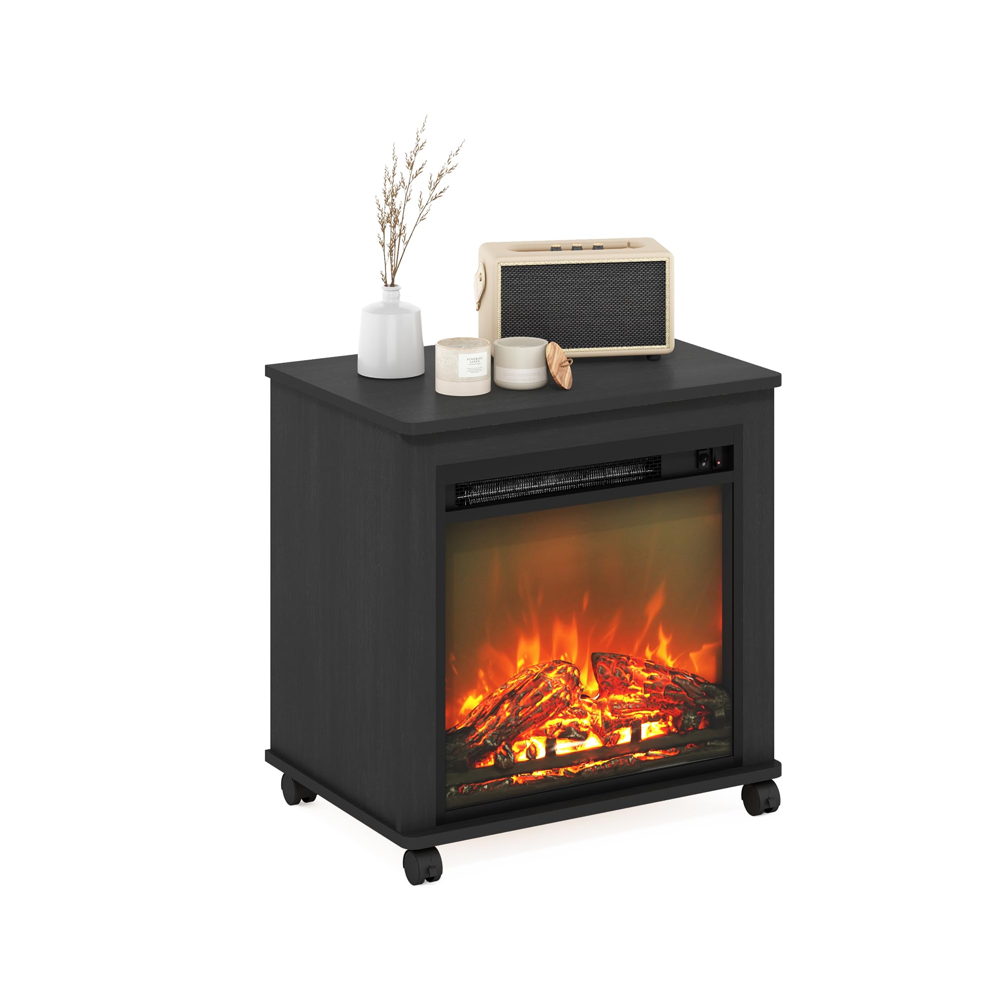 Furinno Jensen Side Table, Fireplace End Table with Wheels, Electric Fireplace Night Stand, Bedside Table, for Living Room, Bedroom, Americano