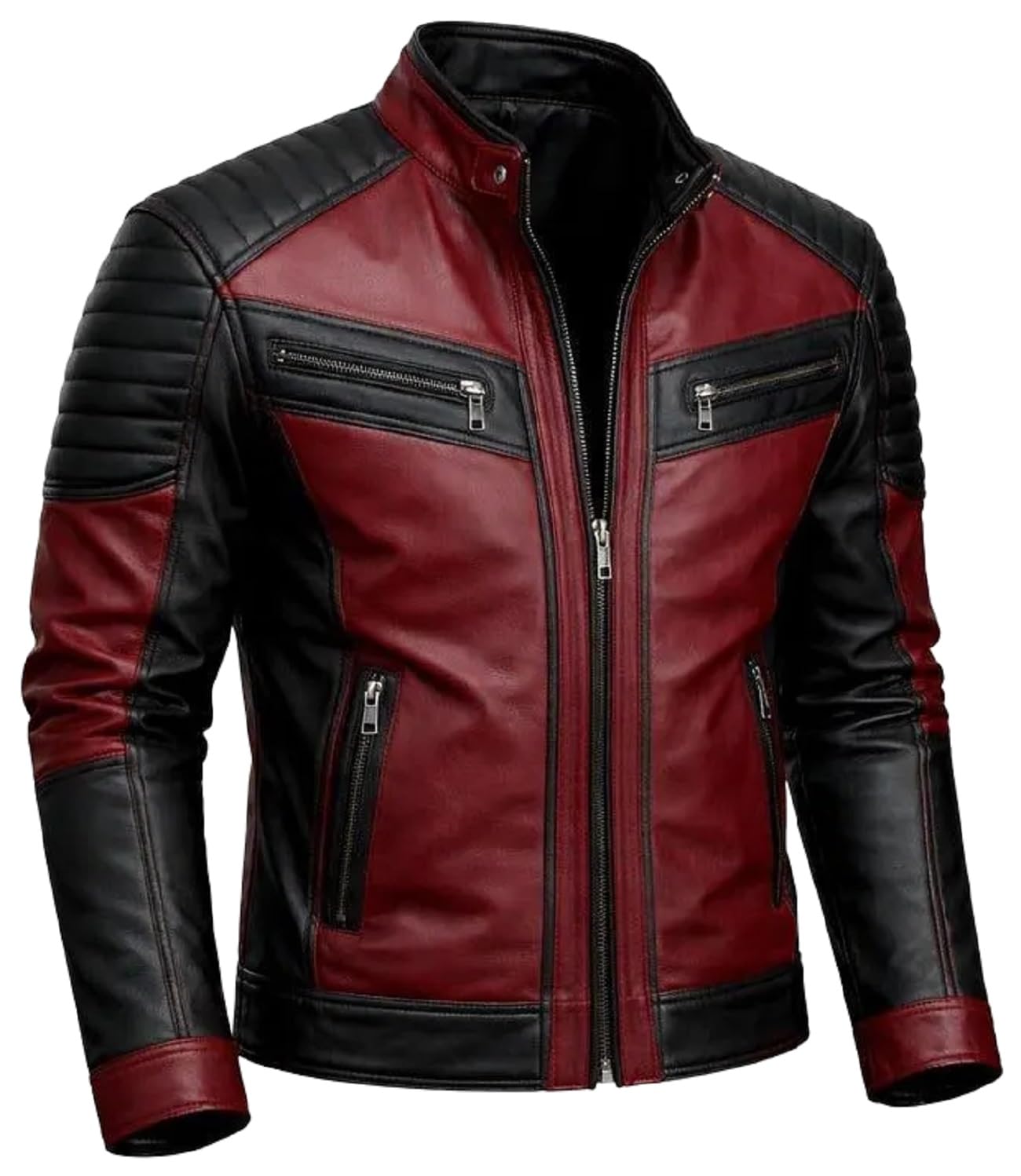 Chaqueta de cuero para hombre, de dos tonos, estilo Café Racer, ajuste delgado, acolchada, elegante, informal, ropa de abrigo
