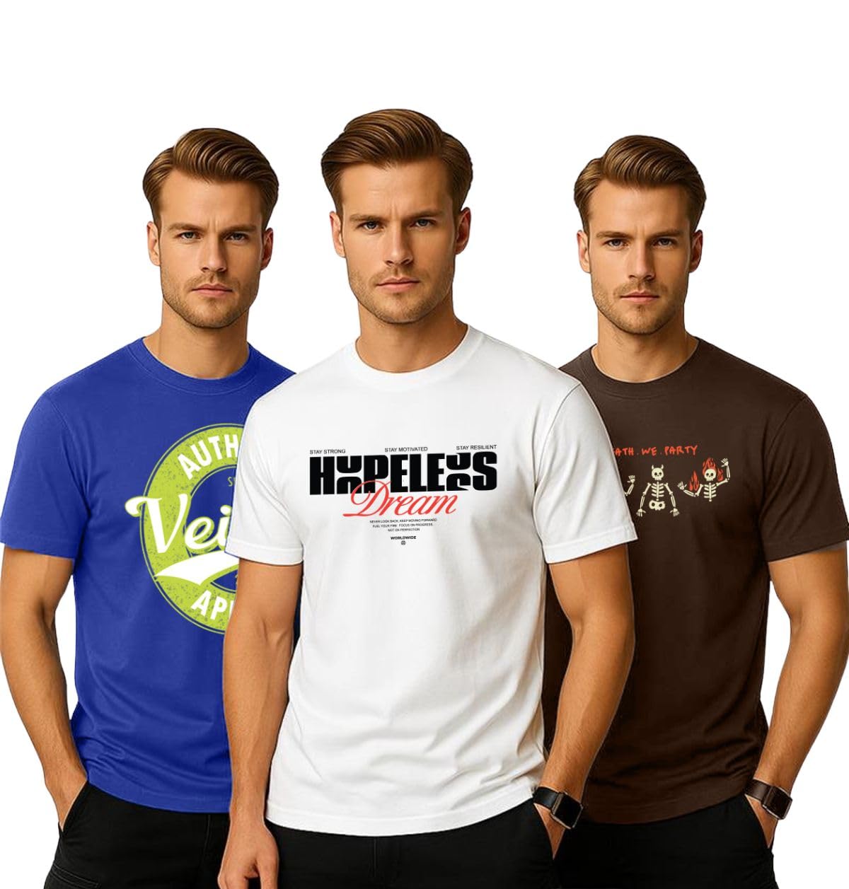 veirdo Pure Cotton Regular Fit AestheticGraphic Printed Round Neck Half Sleeve T-Shirt Pack for Men (Combo of 3) (Green,Red,Swanwhite,Black,Navy Blue,White,Brown,Royal Blue)-picture-11