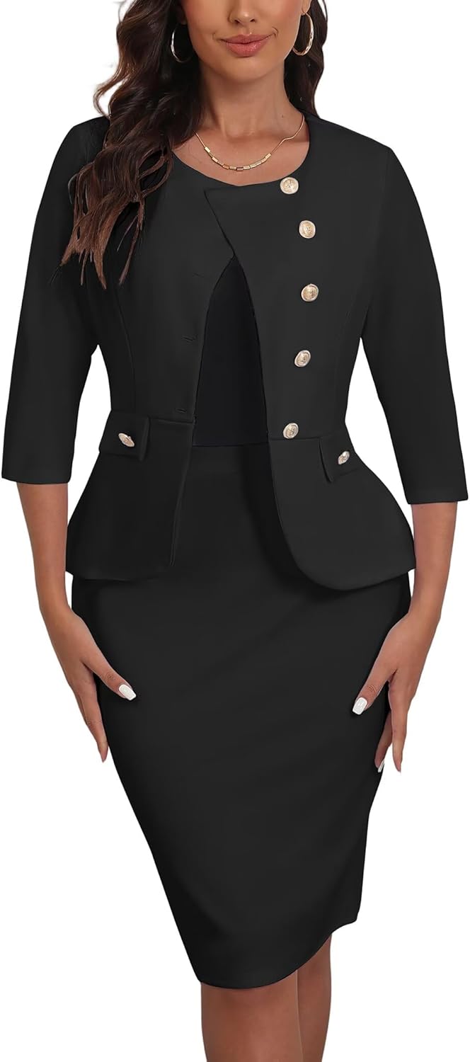 Suit Sets Women 2 Piece Skirt Dressy 3/4 Sleeve Blazer Jackets Midi Pencil Skirt Sets Business Formal Dress Suit Set - Image 4