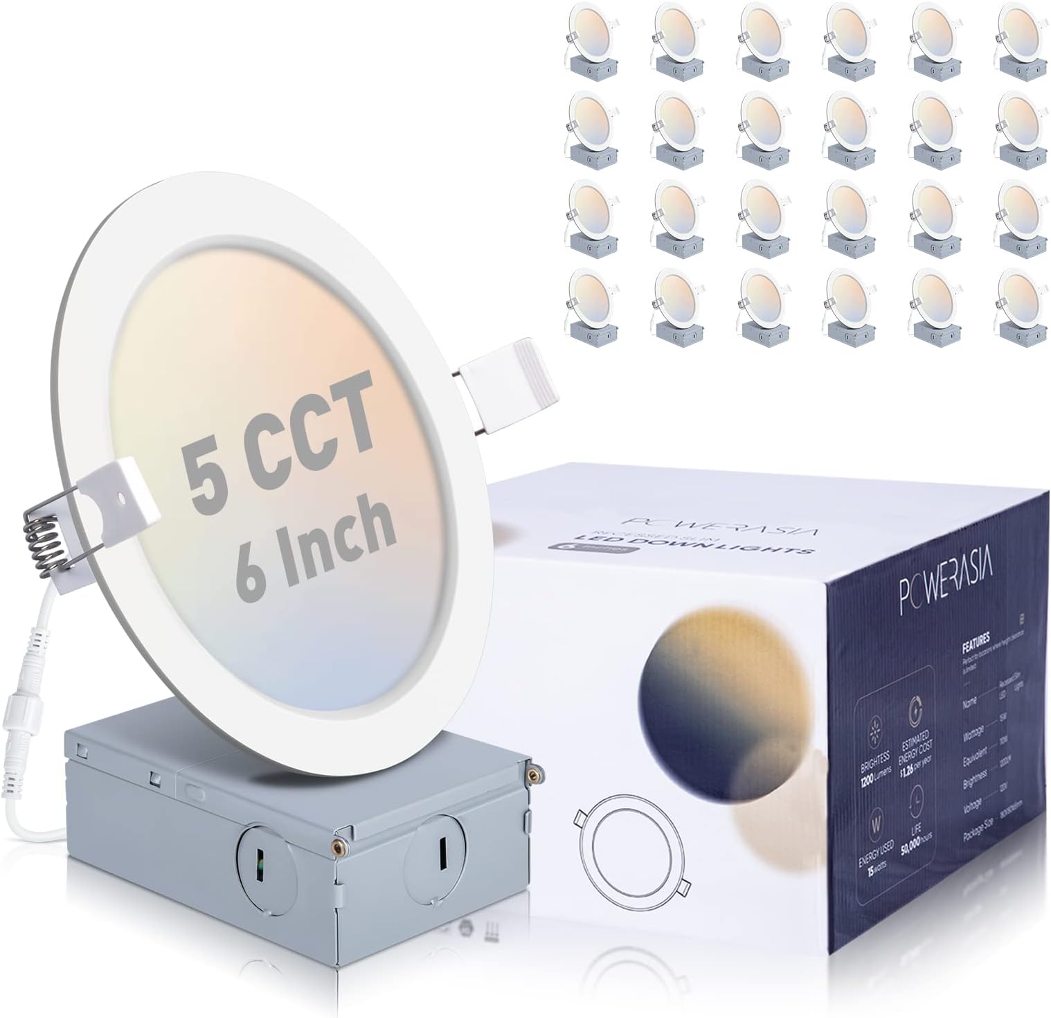 - 24 Pack Recessed Lighting 6 Inch with Junction Box, 5CCT 6 Inch LED Recessed Lights Dimmable 2700K-6000K, 15W 1200lm Ultra Thin Recessed Lighting - ETL and Energy Star