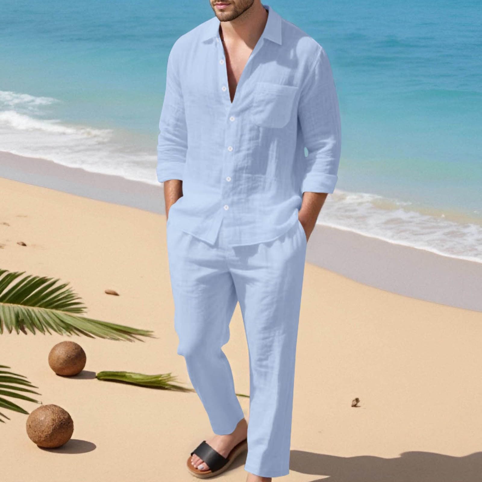 Ensemble 2 pièces Homme Été Lin Chemise à Boutons et Pantalon Décontracté Respirant Tenue de Plage Vacances Ensemble de Loisirs Chic Moderne A217