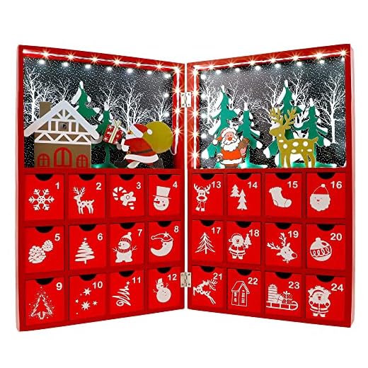 Juegoal Pre Lit Red Advent Calendar Wooden Lighted Christmas Book, Premium Hand Painted Christmas 24 Drawers Countdown to Christmas, Refillable Wooden Advent, Cute Holiday Decoration