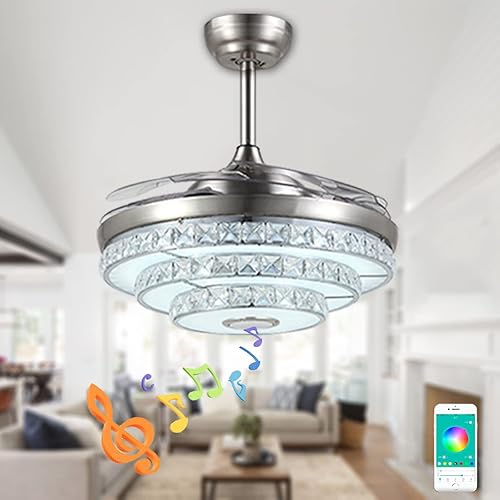 Ventilador de techo moderno de 42 pulgadas con control remoto de luces, 7 colores regulables y 3 velocidades plateadas con altavoz Bluetooth,