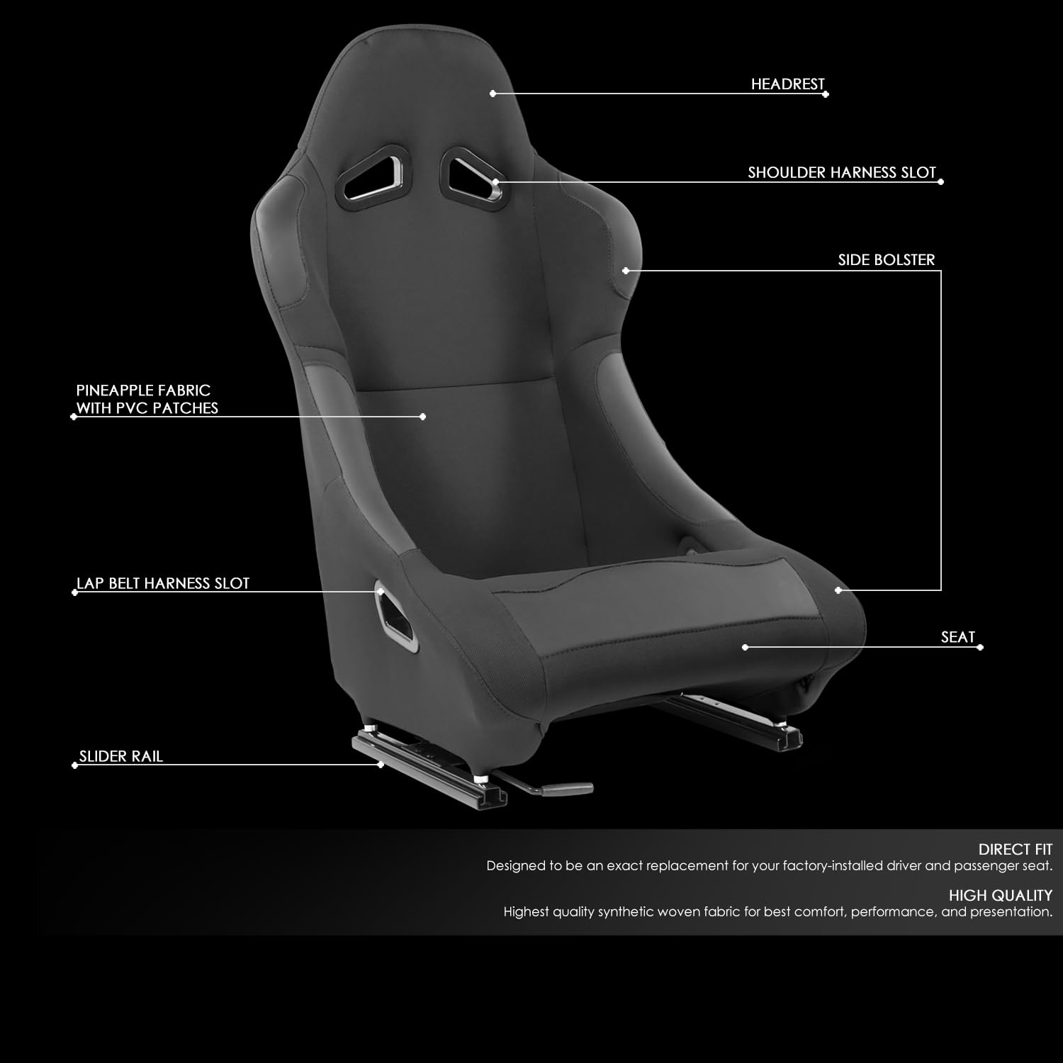 DNA MOTORING Pair of Universal Fixed Back Racing Seats with Bottom Mount Sliders, 21.5