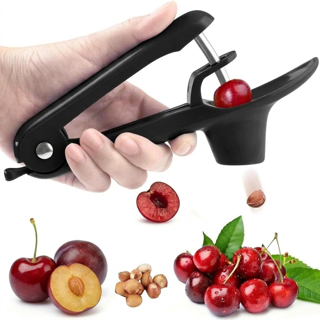 Cherry Pitter and Olive Stoner Remover, Stainless Steel Fruit Pit Removal Tool for Cherries Olives Dates, Cherry Stoner with Ergonomic Handle for Making Cherry Jam with Lock Design (Black)