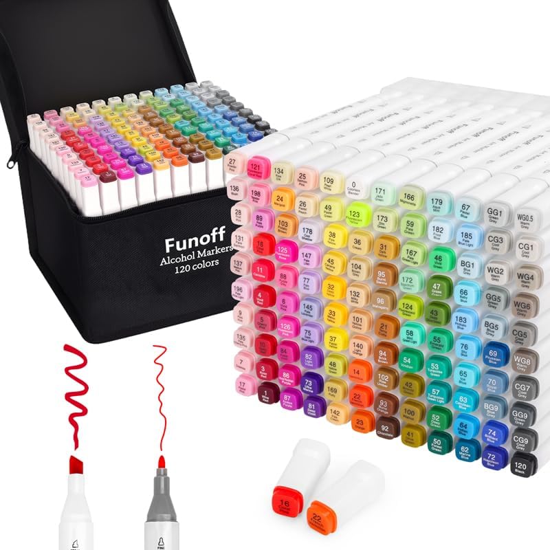 Funoff Alcohol Markers, 120 Colors Fine & Chisel Dual Tip Art Markers, Permanent Sketch Marker for Adult Coloring, Drawing, Sketching, Illustration