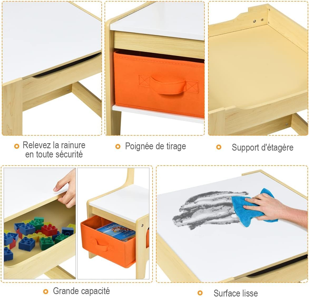 COSTWAY Table Enfant avec Chaise, Petite Table avec Tableau Amovible à 2 Faces et 2 Boîtes, Bureau Enfant avec Rangement Taille Compacte pour Chambre, École
