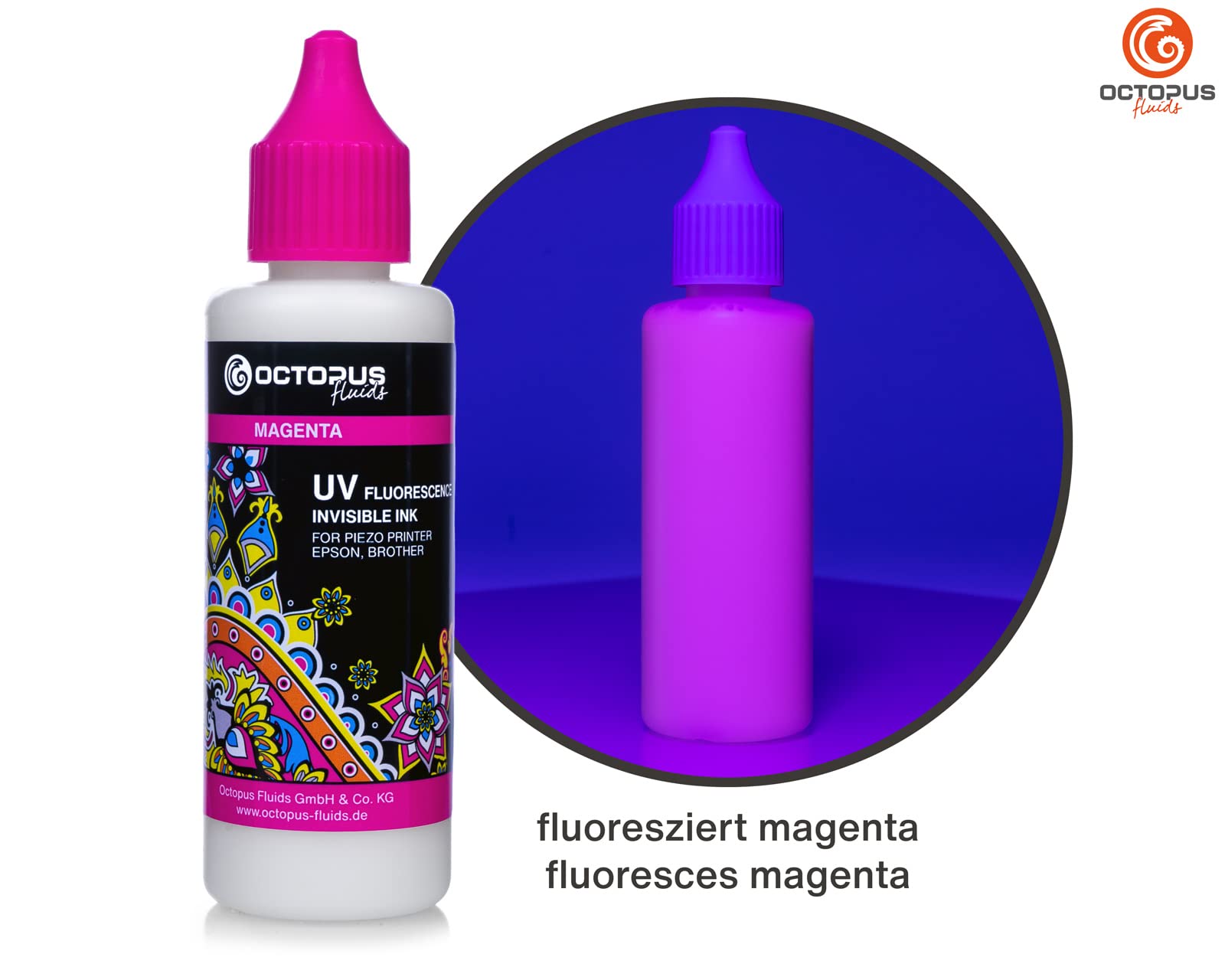 Octopus 4X 50ml Encre UV fluorescente invisible compatible pour Epson et Brother, Blanc, Cyan, Magenta, Jaune