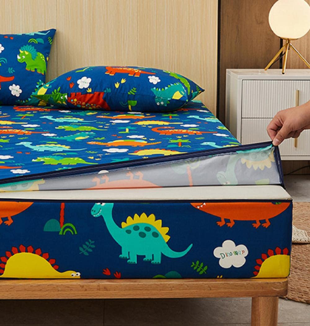 CFYCYHDZHT Hotel Luxurious Sheet Waterproof Zipper Cartoon six Sided All Inclusive deep Pocket Fitted Sheets, Mattress Protector for Children's Bedroom Black 180cm200cm+25cm