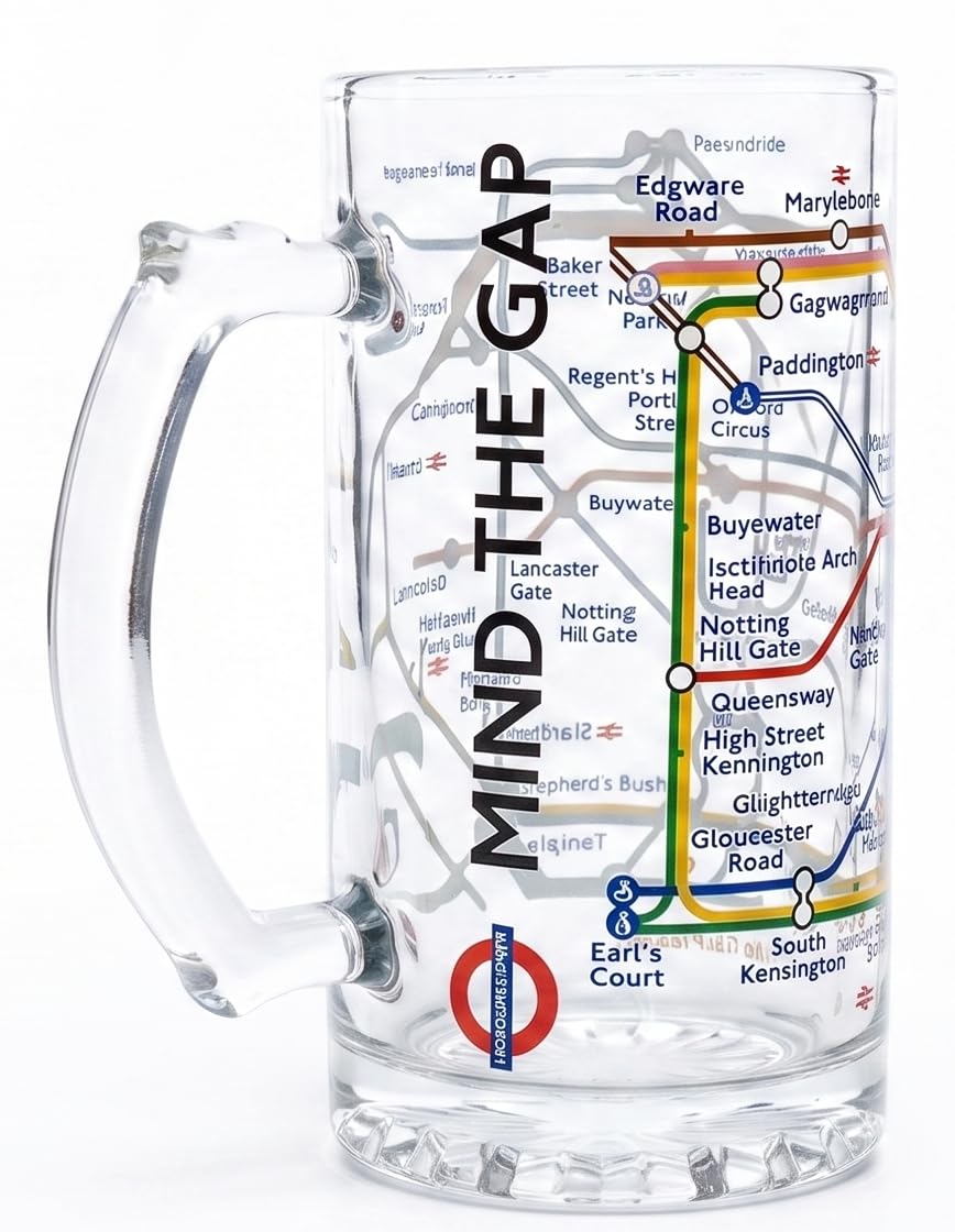 London Underground Beer Stein Official Licensed | 500ml Glass Beer Mug with Tube Map & Mind the Gap Design | Premium Pint Stein Gift for Men