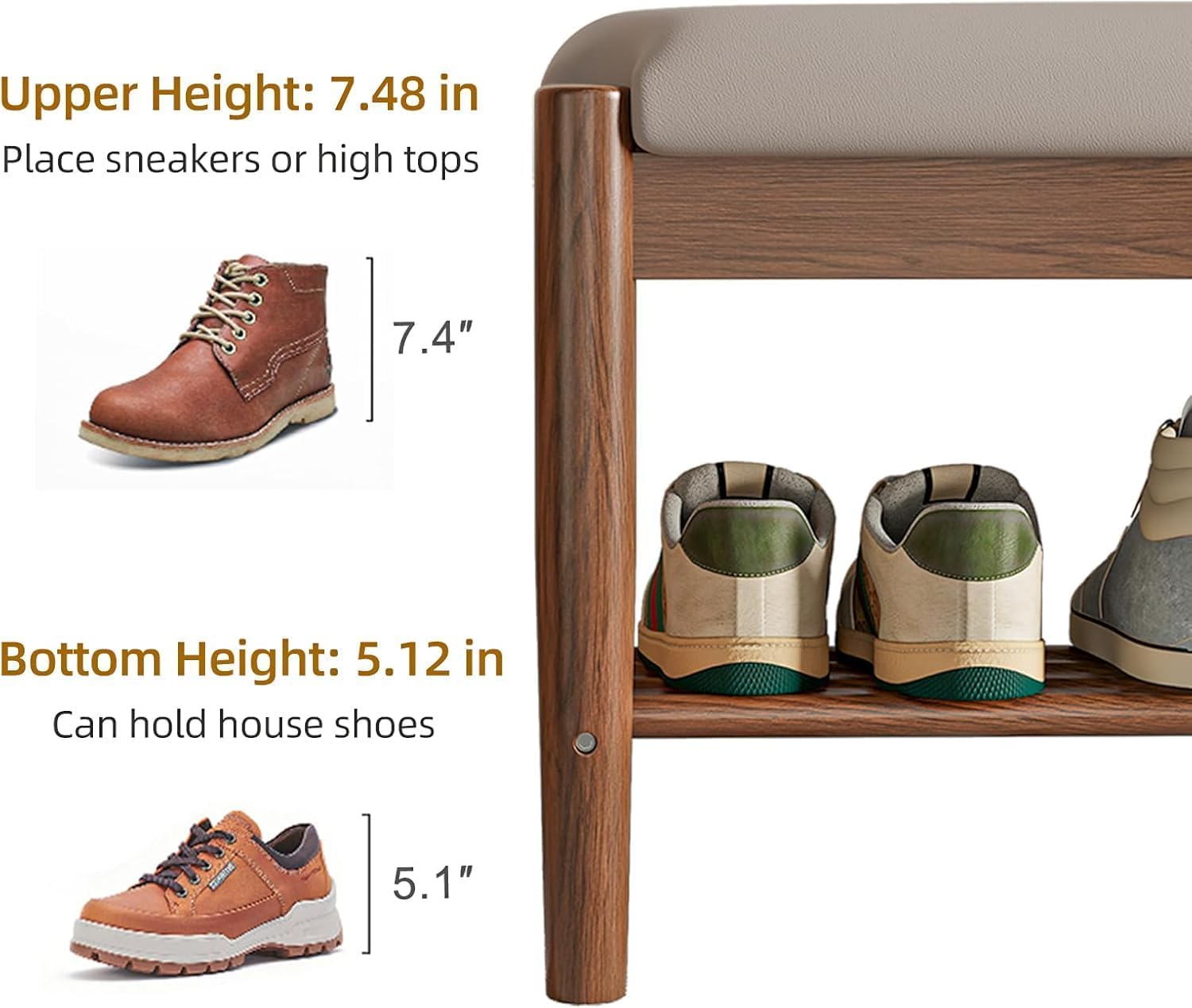 Streema art Solid Wood Shoe Bench Entryway Solid Wood Entryway Bench with Shoe Storage, End of Bed Bench with Gray Leather Cushion (60 cm) 3