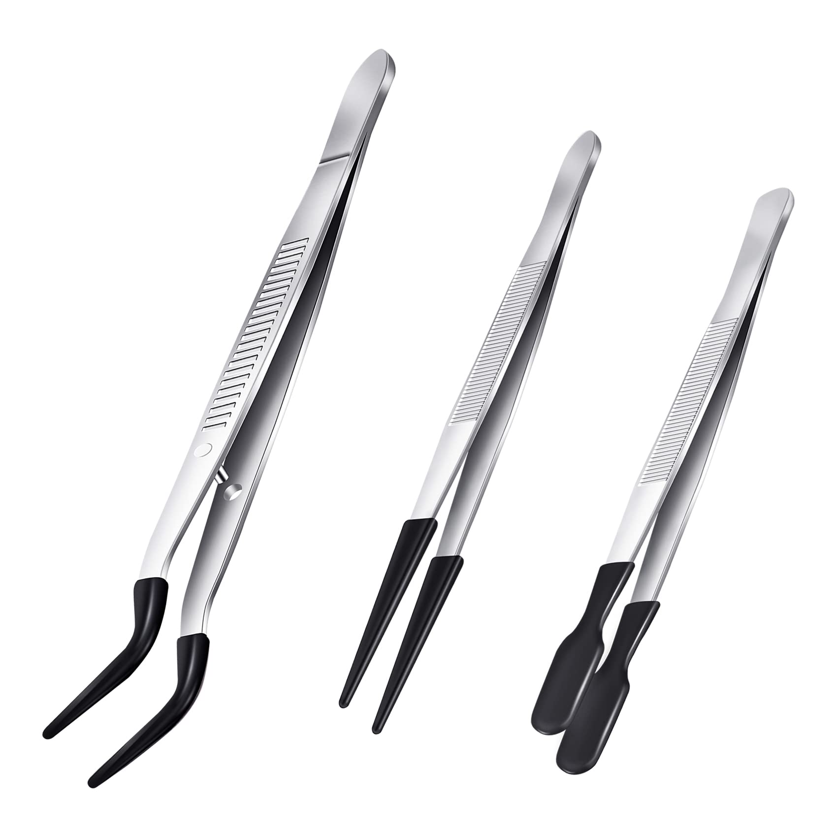Tokiudeeir 3 Pieces Tweezers with Rubber Tips Tweezers PVC Coated Tweezers Set, Rubber Straight and Flat Tip Tweezers Black