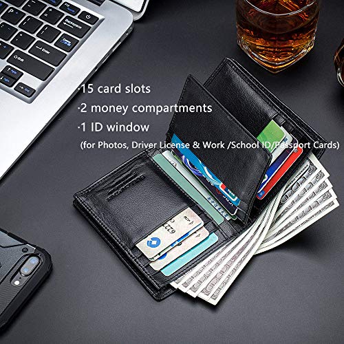 BULLCAPTAIN RFID Blocking Bifold Wallet For Men Genuine Leather Extra Capacity Mens Bifold Wallet With Widening Design QB0274
