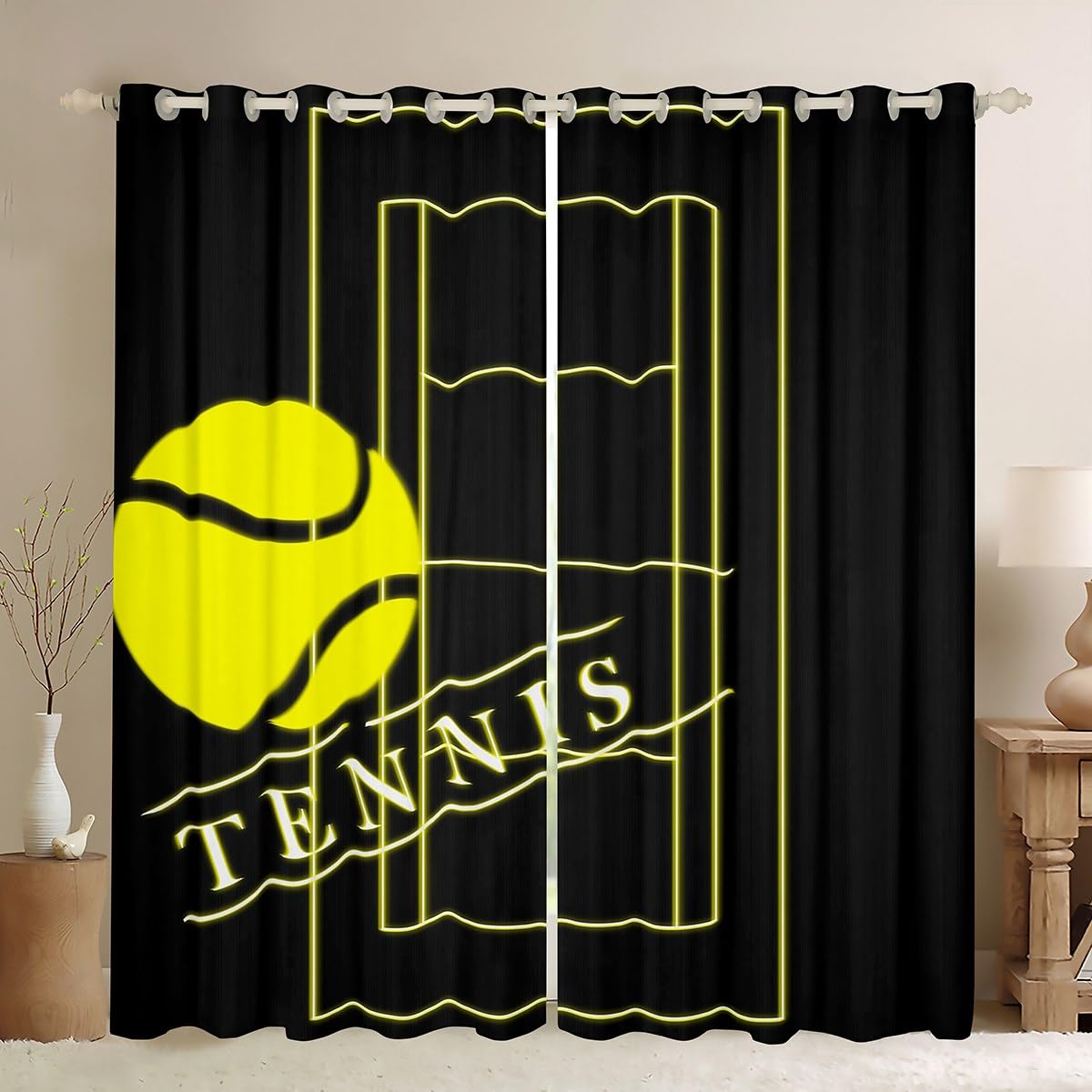 Erosebridal Sport Curtains for Toddler Kids Tennis Curtains & Drapes for Boys Girls, Black Yellow Blackout Curtains Gold Gradient Neon Bedroom Curtains, Sports Themed Window Treatments