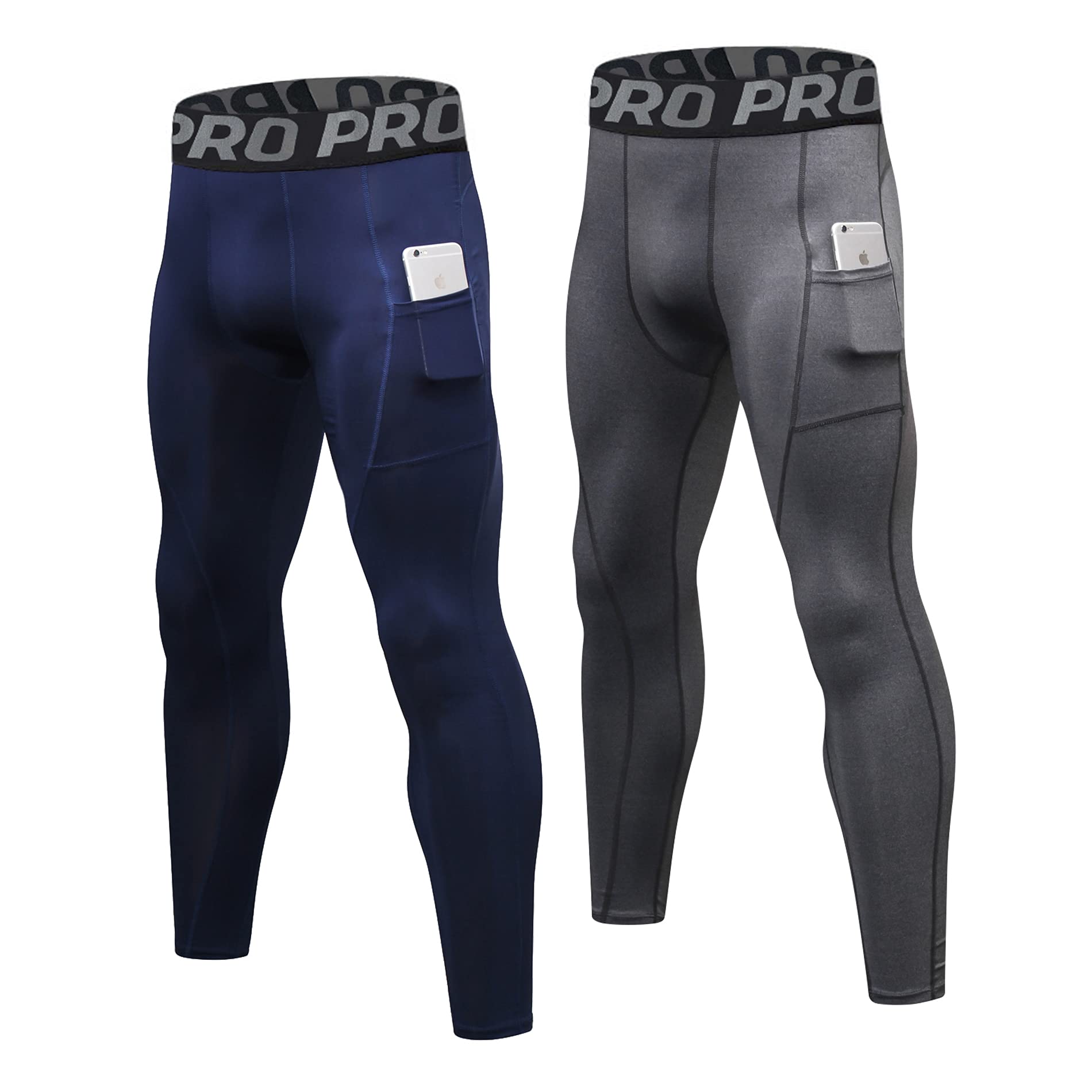 YUSHOW 2 Pack Mens Compression Leggings Cool Dry Running Base Layer with Pockets Sports Tights for Workout Athletic Training Gym