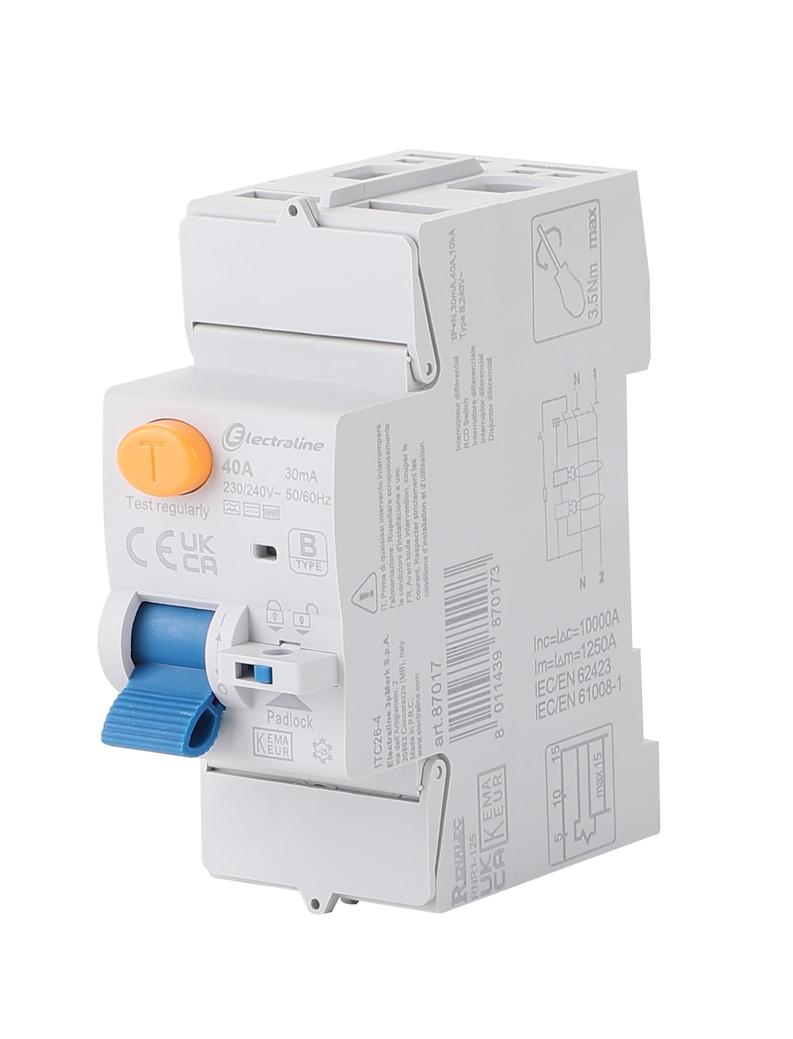 Electraline 87017 Interruttore differenziale, 40A, sensibilità 30mA Monofase – tipo B (adatto per impianti fotovoltaici, colonnine di ricarica EV, e convertitori di potenza)