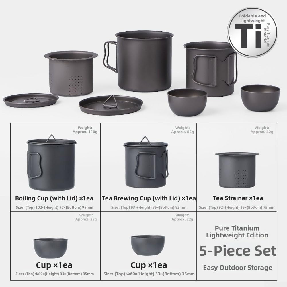 Juego de té de titanio de 5 piezas con cafetera plegable y tazas de té para viajes al aire libre y comodidad de camping (juego de té de 5 piezas)