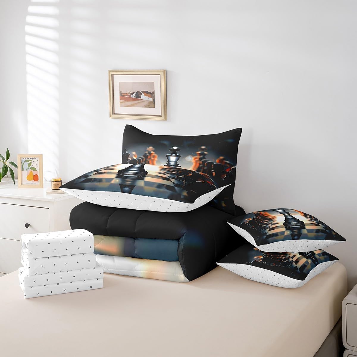 Feelyou Kids Chess 7 Piece Bedding Set Twin Size, Boys Girls International Chess Comforter Set with Sheets Bedding Sets with Comforter, Pillowcases, Flat Sheet, Fitted Sheet and Cushion Cover