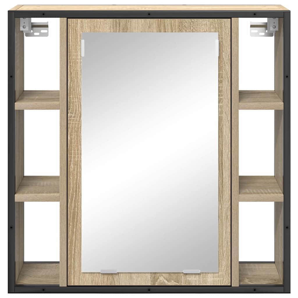Armario con espejo de roble Sonoma, 60 x 16 x 60 cm, material de madera con espejo plano y 5 estantes, montaje en pared, espacio de almacenamiento para baño, lavadero, aseo de invitados