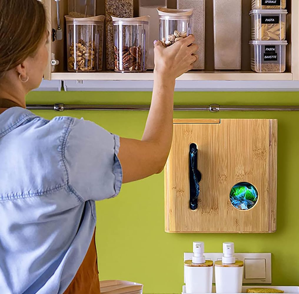 EFLALYHG Soporte para Bolsa de Basura, portarrollos dispensador de Bolsas de Basura de plástico, Soporte para Bolsas de bambú, Organizador montado en la Pared