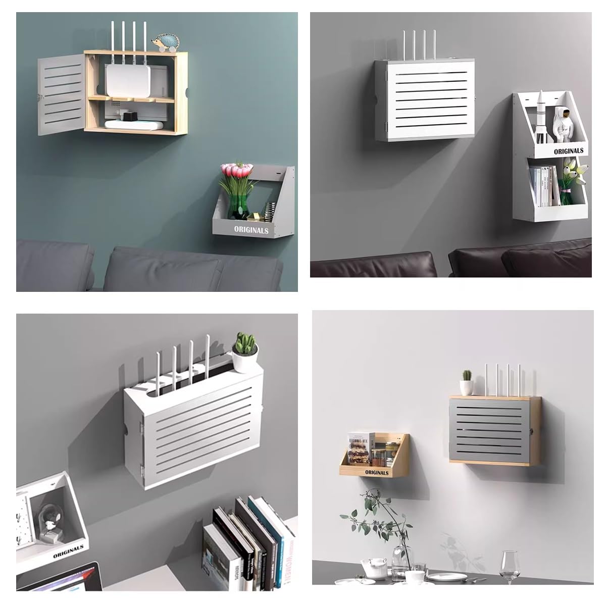 NoPunching Support mural pour routeur WiFi avec étagères pour bureau et maison Blanc/marron 47,4 cm