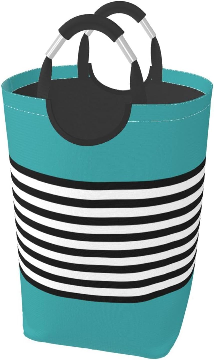 Large Laundry Basket, Black and White Stripes on Teal Laundry Hamper Bag Collapsible Washing Bin With Handles for College Dorm, Family Essentials Storage