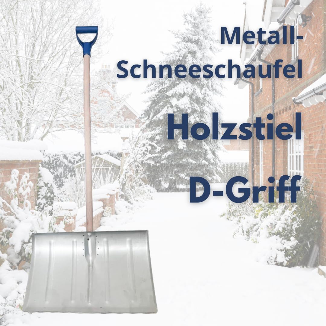 Schneeschaufel aus Metall, Schneeschieber mit Holzstiel & D-Griff, Schneeräumer ca. 130cm