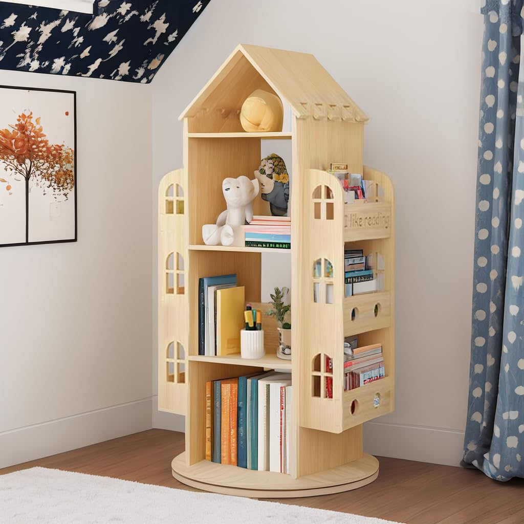 BRAVECOW Rotating Bookshelf,360 Display 4 Tier Floor Floor Standing Bookcase Storage Rack for Kids&Adults Bookshelf Wood Book Shelf Organizer Storage Book Display Case Bookrack