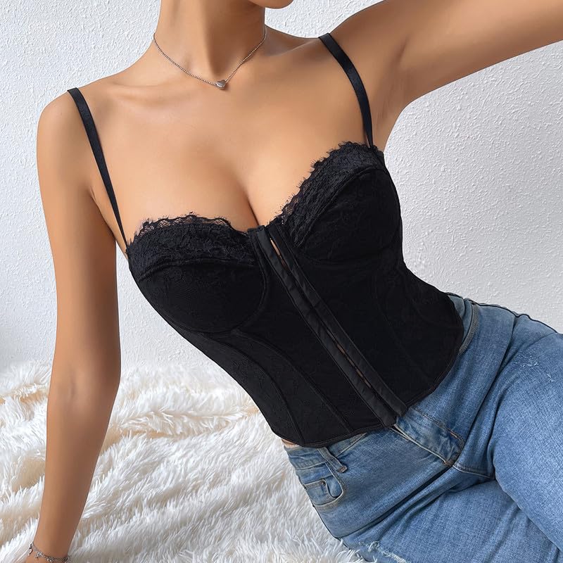 Haibang Corsetto da Donna Eleganta Pizzo Bustier con Spalline Sottili Fronte Aperto Disossato Corpetto Top Floreale Curvy Corsetto Bustino Sexy Canotta Regolabile Corset Bodyshaper Mode Clubwear