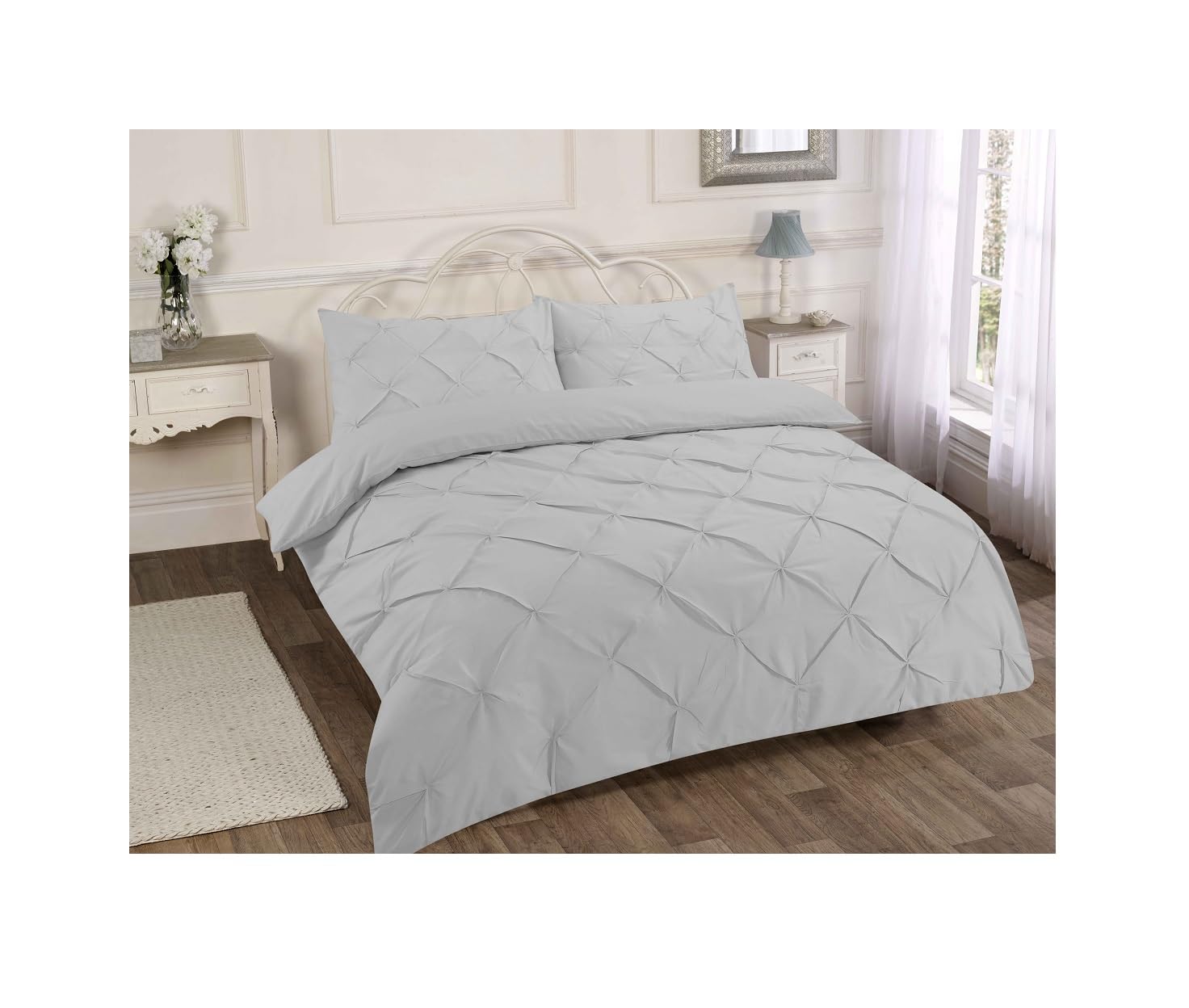Premium Pintuck Pleat Bedding Cover Set Hotel Quality Bed Set with Pillowcase Brushed Fabric Comforter Pleat Pintuck Creased Duvet Set (Double, Silver)