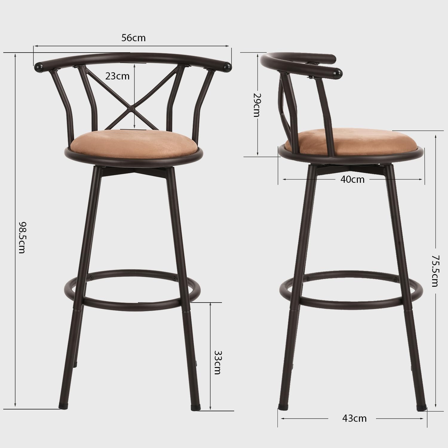 MEUBLE COSY Lot de 2 Chaises de Bar pivotant sur 360°, Tabourets Hauts Vintage, avec Dossier et Repose-Pieds, Siège de 75,5 cm de Haut, Style Industriel, Marron Rustique et Noir