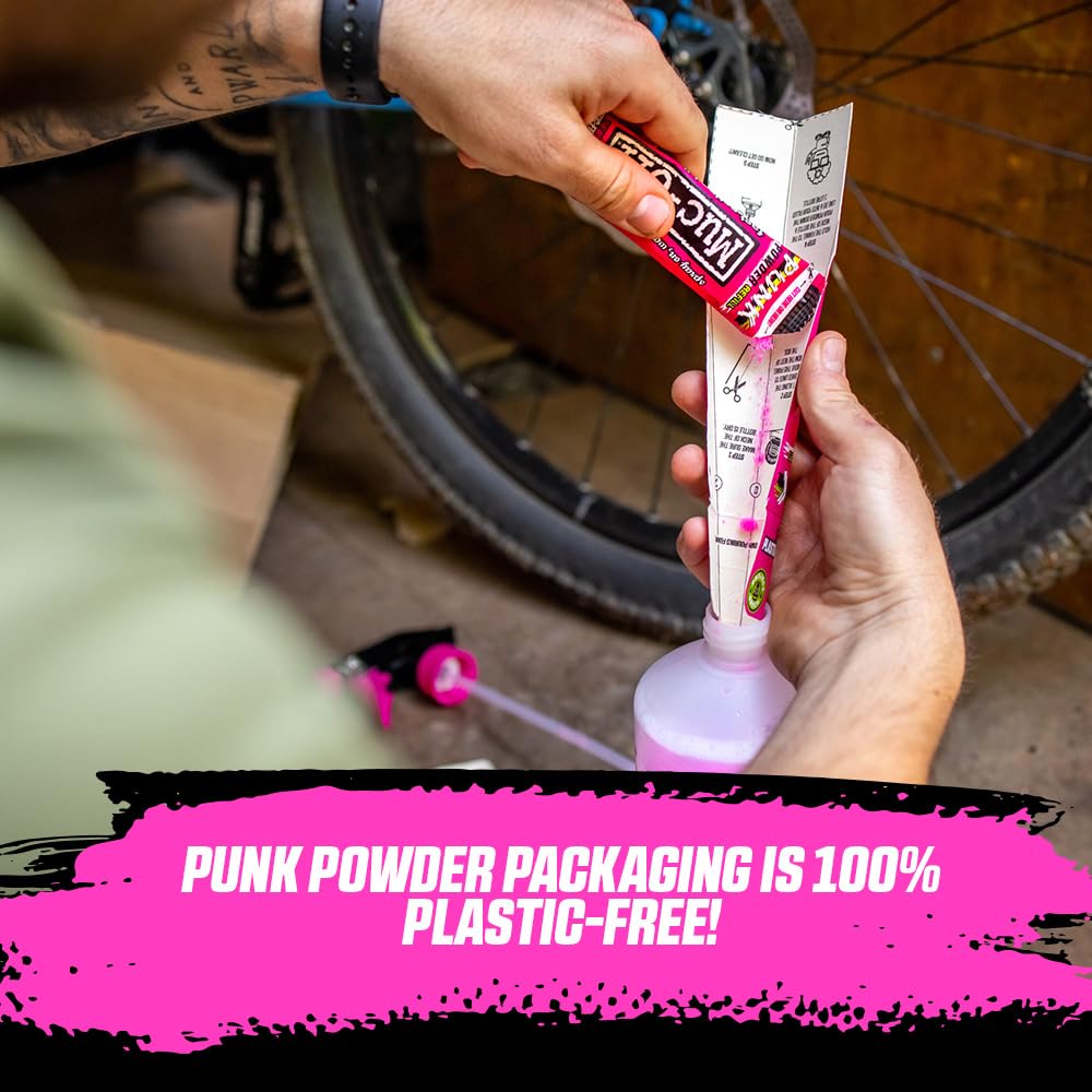 Muc-Off Punk Powder & Bottle for Life Bundel – 4 Packungen Biologisch Abbaubares, Plastikfreies Fahrradreinigerpulver mit Wiederverwendbarer Aluminium-Nachfüllflasche