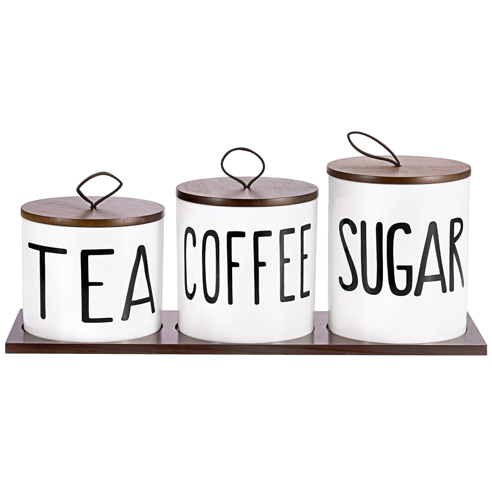 BTSKY Set di 3 contenitori da cucina in ceramica bianca – 3 misure ermetiche per zucchero, caffè, tè, con coperchio e vassoio in legno, barattoli per alimenti